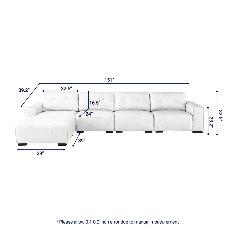 Canapé modulaire surdimensionné en cuir de 151 po avec repose-pieds Bendire, Simili cuir blanc