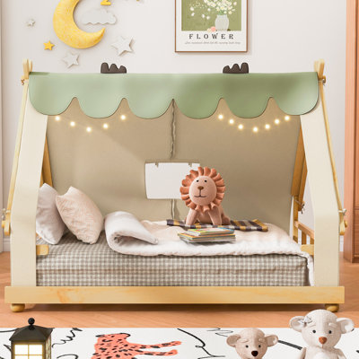 House Platform Bed, Wood, Tent Canopy With Lights & Velvet Fabric, Contemporary, Kids Room