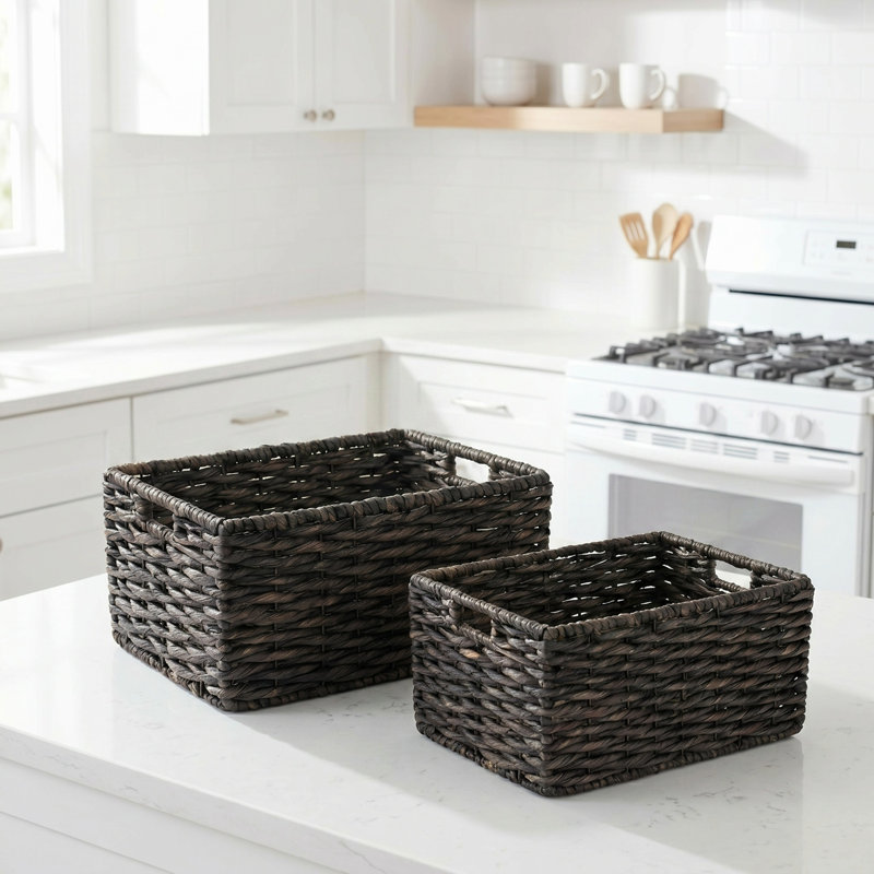 DTX Intl Set of 2 Rectangle Handmade Twisted Wicker Baskets - Hyacinth Seagrass Nesting Storage and Organization Bins with Handles