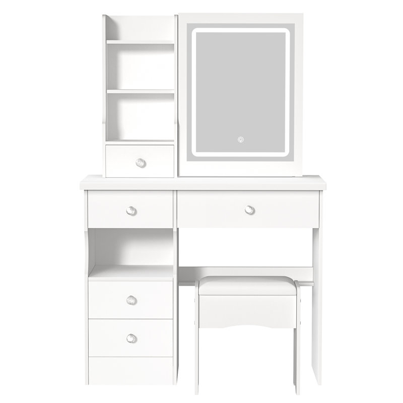 Vanity Desk with LED Lighted Mirror, Bedroom Dressing Table, Makeup Desk with Stool, 5 Drawers, Open Shelves, Hidden Storage Space