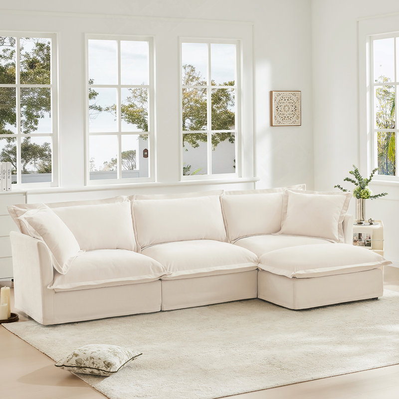 Australis Slipcovered Sectional 2 - Seater Sofa Couch, Cream Chenille, 34.6" H x 120" W x 33" D