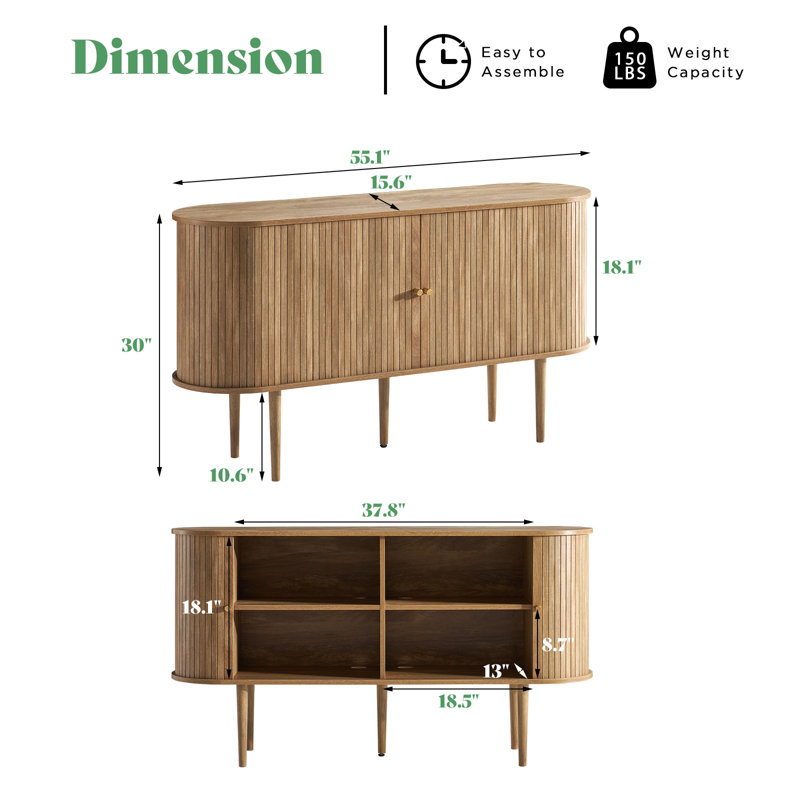 Baheerah 55" Mid Century Modern Sideboard With Tambour Door & Solid Wood Legs, Natural, Natural