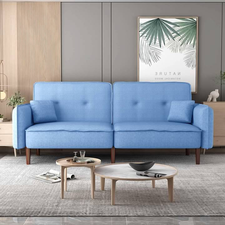 Baldomero Upholstered 75'' Sleeper Sofa, Blue Linen Blend, Brown