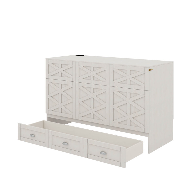 Lit escamotable avec grands tiroirs Murphy, Blanc brossé, Grand