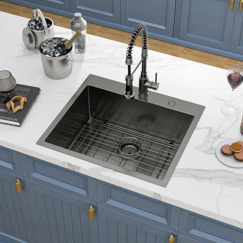 Évier de cuisine encastré à simple cuve en acier inoxydable de calibre 16 L 25 po x l 22 po, Noir