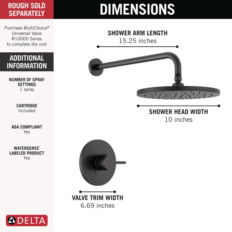 Ensemble de robinet de douche à pluie rond Modern 14 Series, ensemble de pomme de douche et poignées noir mat, ensemble de garniture de valve, noir mat (valve non incluse)