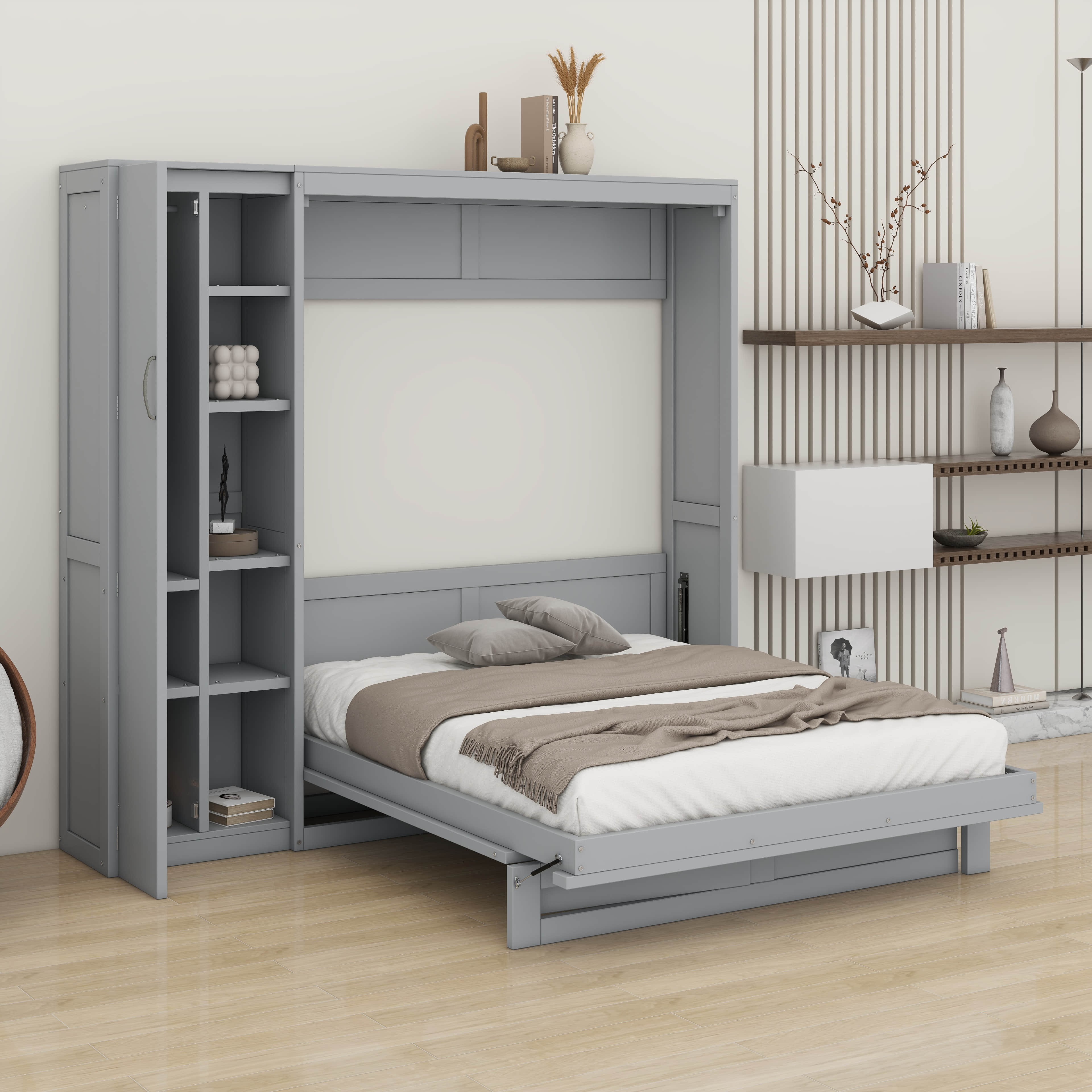 View of Hokku Designs Full Size Murphy Wall Bed With Shelves, Wardrobe & LED ...