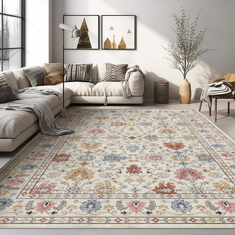 Vintage Floral Area Rug, Persian-Inspired Soft Fluffy Carpet for Living Room, Bedroom, Dining Room, Washable Durable Boho Home Decor