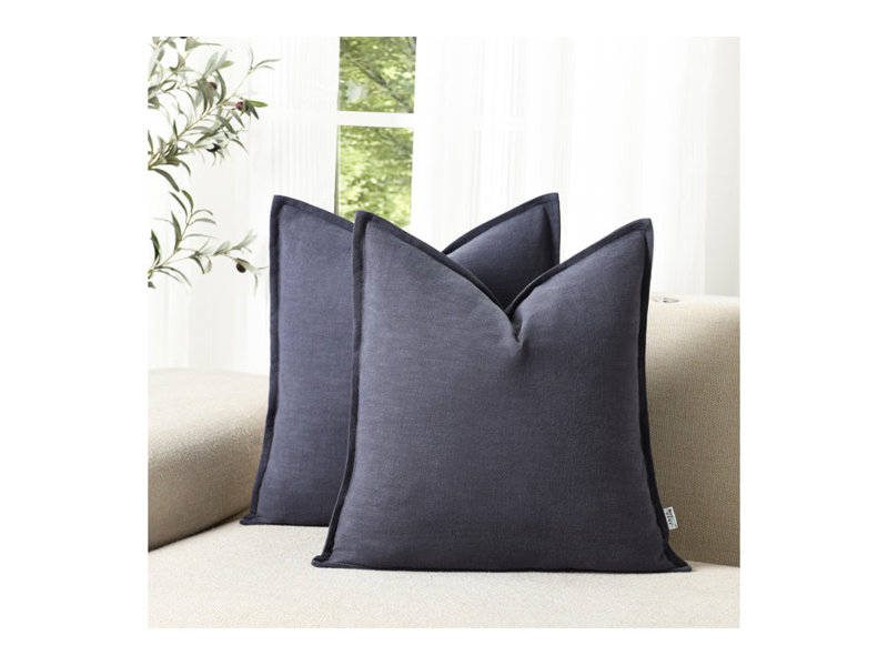 Boho Farmhouse Pillow Cover Soft Boho Farmhouse Washed Linen Textured Cotton Throw Pillow Covers, Square 18", Blue