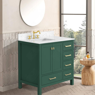 Meuble-lavabo 36 po, meuble-lavabo avec cadre en bois massif, comptoir de meuble-lavabo autoportant avec lavabo vert