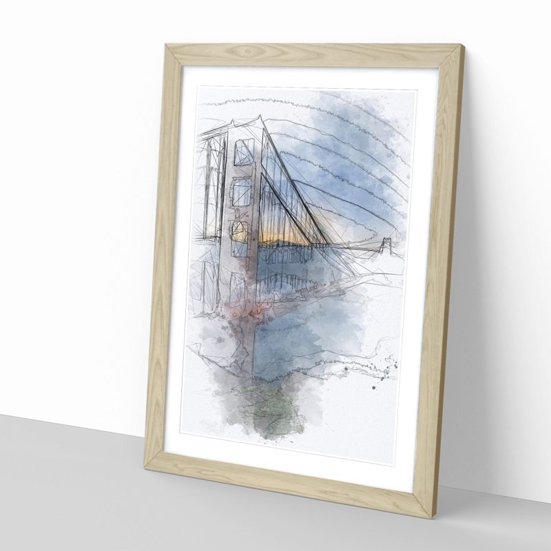Mist over the Golden Gate Bridge 1 Piece Single Picture Frame Painting on MDF, 45cm H x 33cm W x 2cm D, Oak Framed
