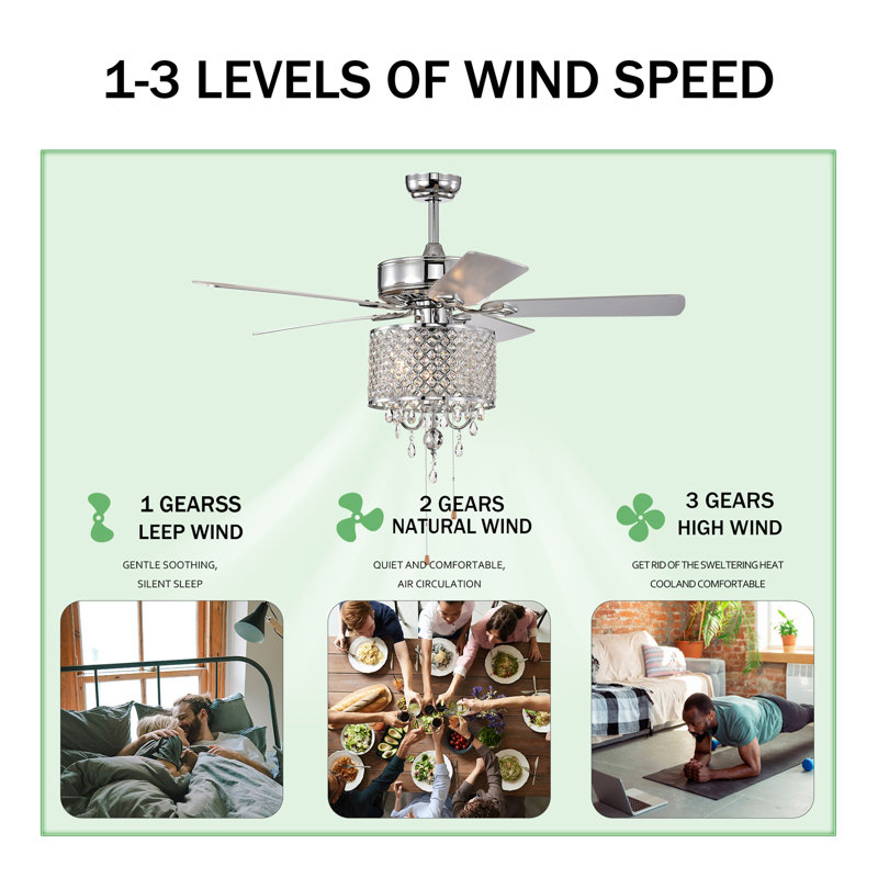 Chaîne de 52 po pour ventilateur de plafond en cristal classique avec chaîne à 3 vitesses (haute, moyenne, basse), 5 pales réversibles pour le salon, la salle à manger, la chambre à coucher, la salle familiale, chrome, 3PCS * E12 (sans ampoule inclu