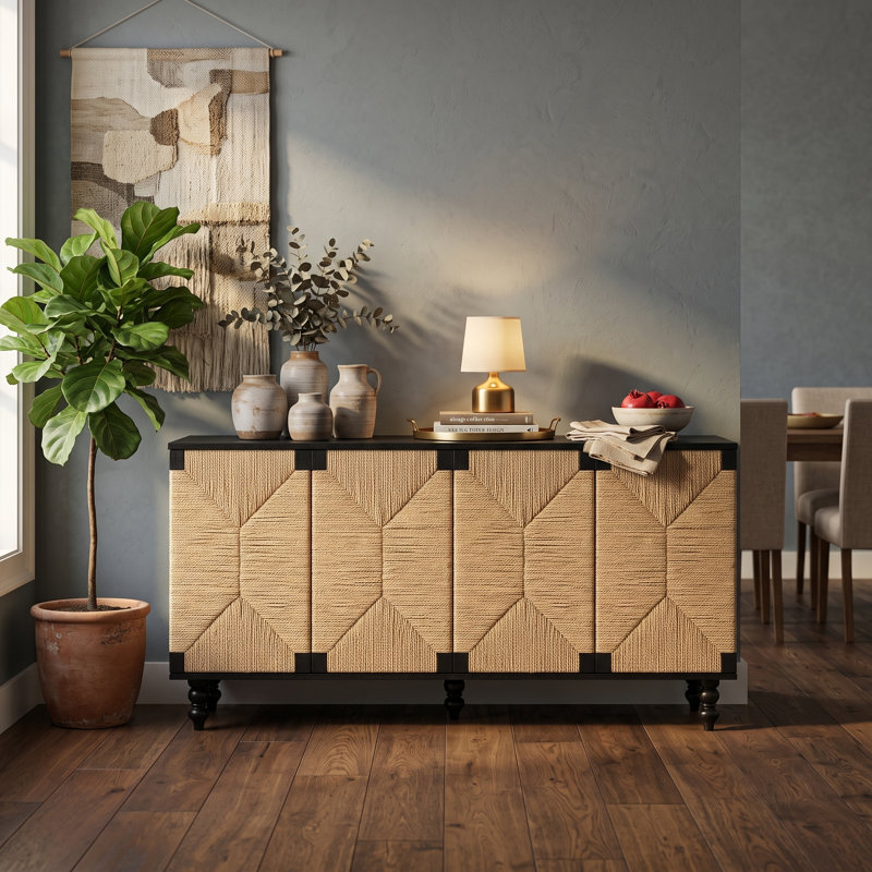 Buffet 59 po avec 5 pieds en bois massif, noir / naturel