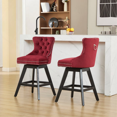 Velvet Barstools With Button Tufted Decoration And Wooden Legs, And Chrome Nailhead Trim