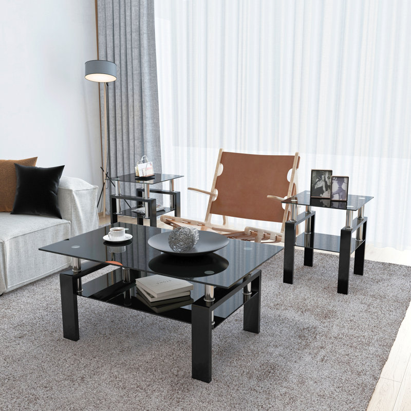 Ensemble de table de salon 3 pièces avec plateau en verre, pieds en métal et 2 tablettes de rangement Esbeidy, comprenant 1 table basse et 2 tables de bout