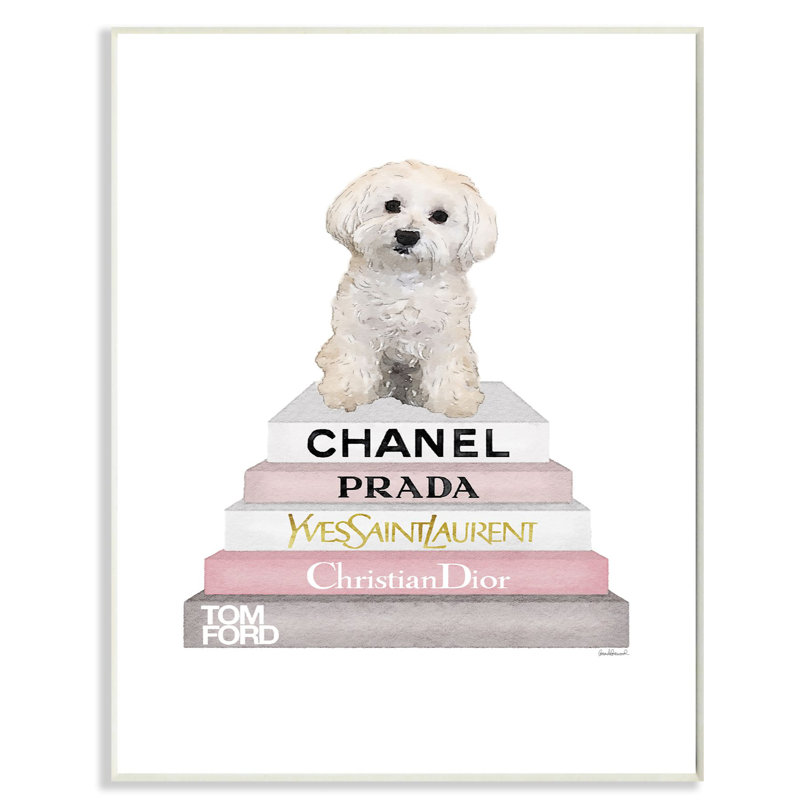 « mode designer pet dog bookstack blanc rose », impression, H 19 po x l 13 po x P 0,5 po, Plaque murale