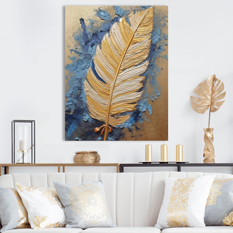 «Boho Glam Exquis Gold On Blue Feather», reproduction d'art sur toile, Toile tendue, H 32 po x l 24 po x P 1 po