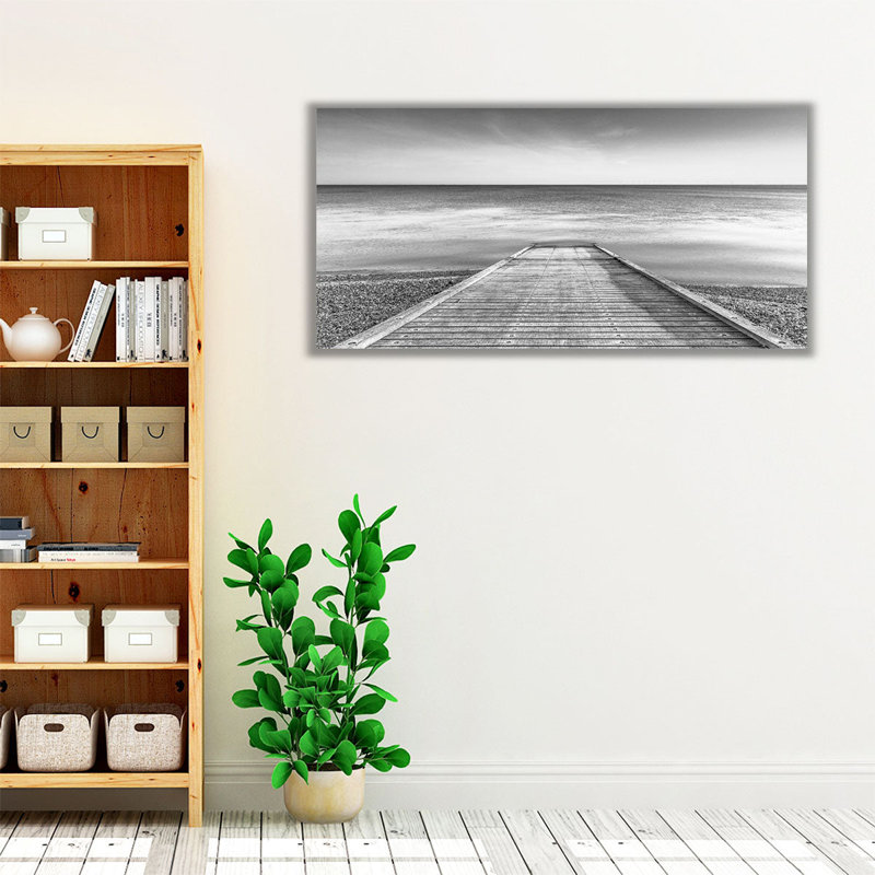 Jetée sur une plage tranquille - reproduction d'art sur toile, H 10 po x l 20 po