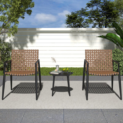 Modern Outdoor Chat Set: 2 PE Rattan Chairs + Black Steel & Tempered Glass Side Table – Durable & Stylish