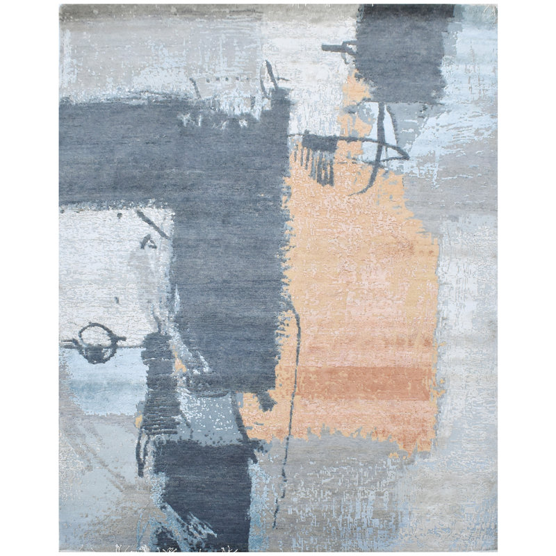 Tapis en laine / soie noué à la main en bleu / rouge / beige, Rectangulaire 8 pi x 10 pi