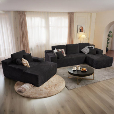 Seren 3-Piece No-Assembly Living Room Set, Plush Corduroy Modern Sectional Sofa With Loveseat And Chaise Lounge