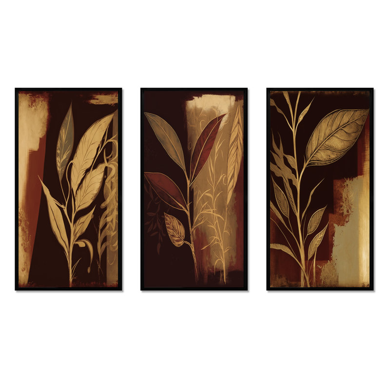 «Terra Cotta Chocolate Leaves», 3 pièces sur toile, Cadre flottant noir, H 20 po x l 36 po