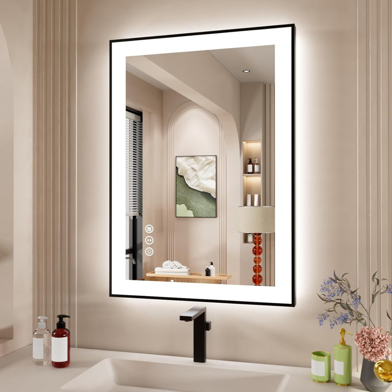 Miroir de salle de bain à DEL avec cadre noir, rétro-éclairé et miroirs de salle de bain éclairés, 36 po x 24 po