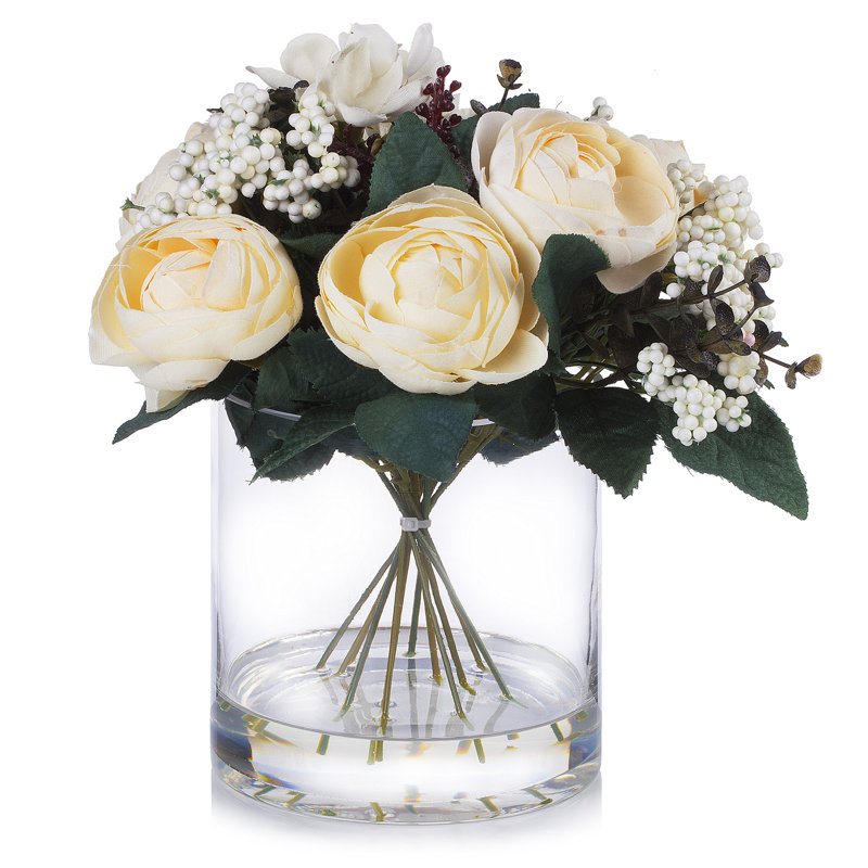 Renoncule artificiel dans un vase en verre, Beige