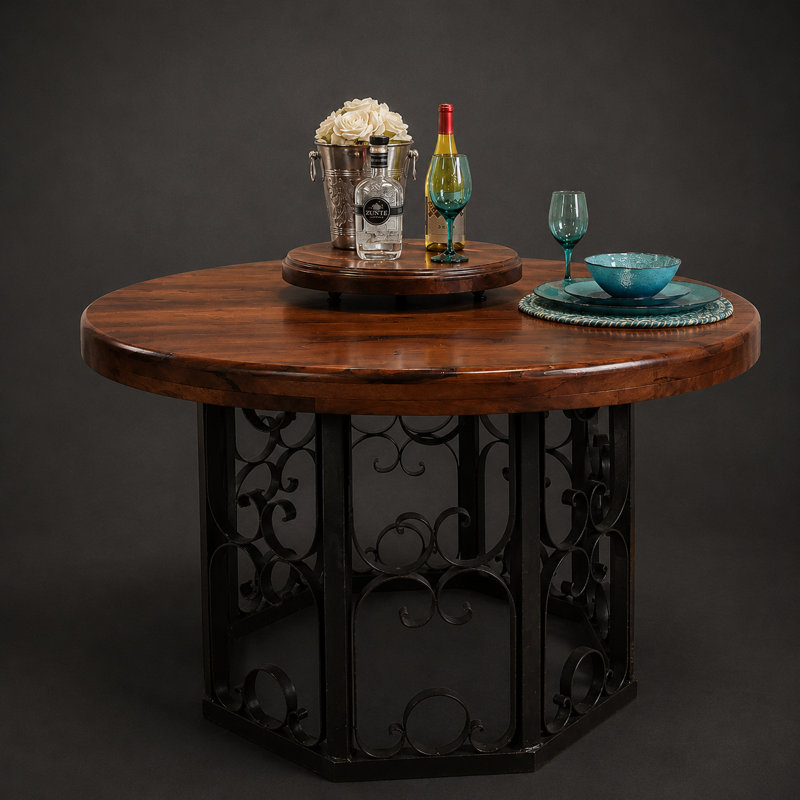 48" Round Mesquite Dining Table | Solid Wood, Wrought Iron Base, Rustic Ranch Style