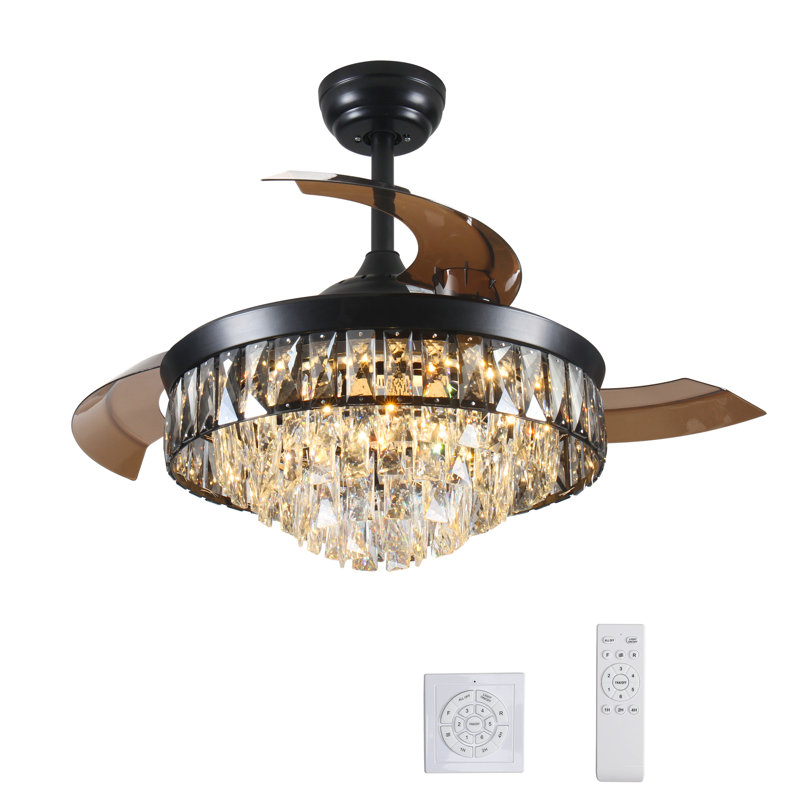 Ventilateur de plafond de 42 po avec ventilateurs de plafond rétractables avec lumières et télécommande 6 vitesses et 3 lumières DEL modifiables en cristal noir