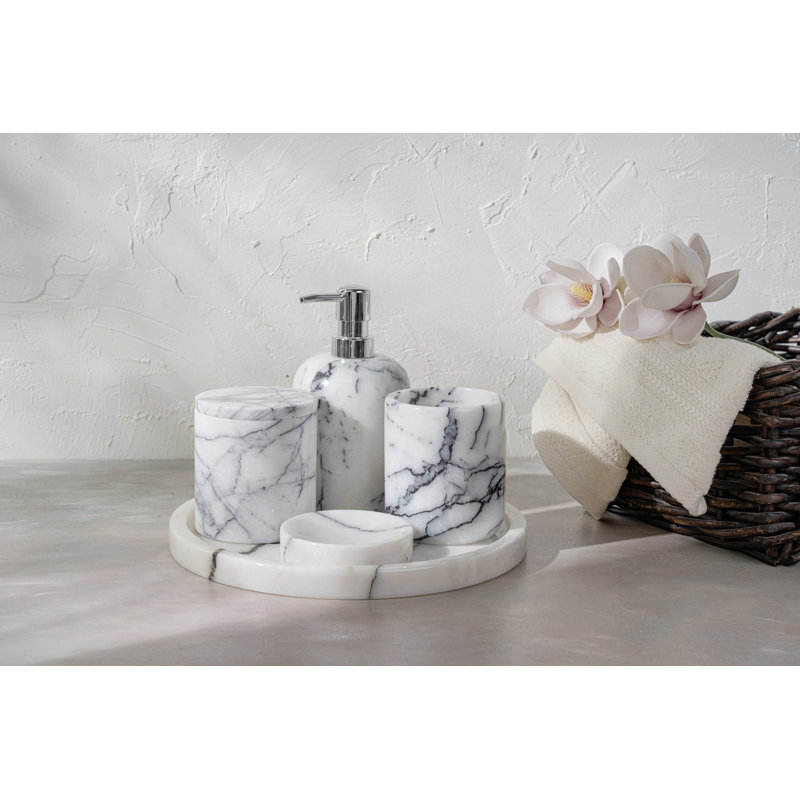 Luxurious 5-Piece Bathroom Set, 100% Sicily Lila Marble, Vanity Tray 10.6 in, Soap Dispenser 3.5 in x 4.7 in, Toothbrush Holder & Q-Tip Holder 3.5 in x 4.0 in, Elegant White Color for Modern Bathrooms & Spa Retreats