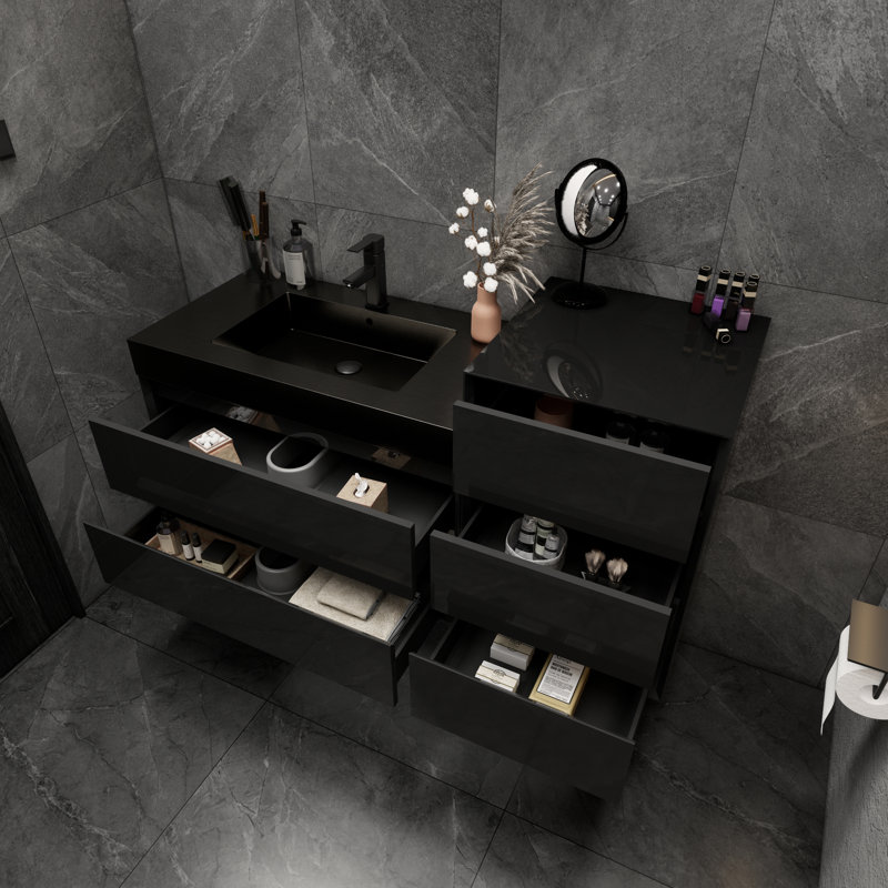 Golitz 55'' Single Bathroom Vanity with Stainless Steel Top, Glossy Black