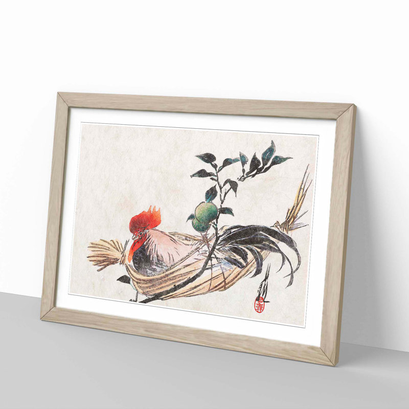 Rooster by Ogata Gekko - Picture Frame Graphic Art Print, Oak, 40cm H x 60cm W x 2cm D