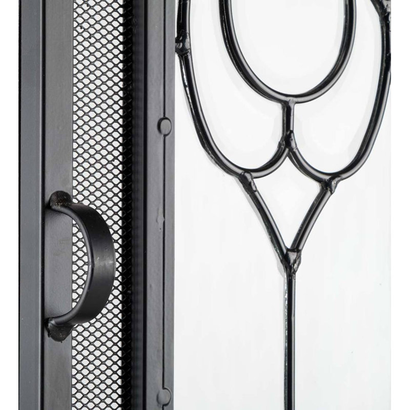 Black Steel Two-Door Fireplace Screen with Glass Panels