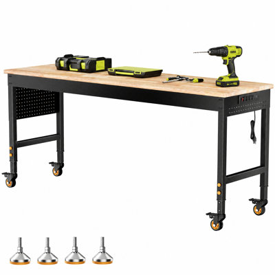 70" Heavy Duty Garage Work Bench with Wheels, Power Outlet & Pegboard Rolling Workbench with Adjustable Height, 4 Leveling Feet, 70IN