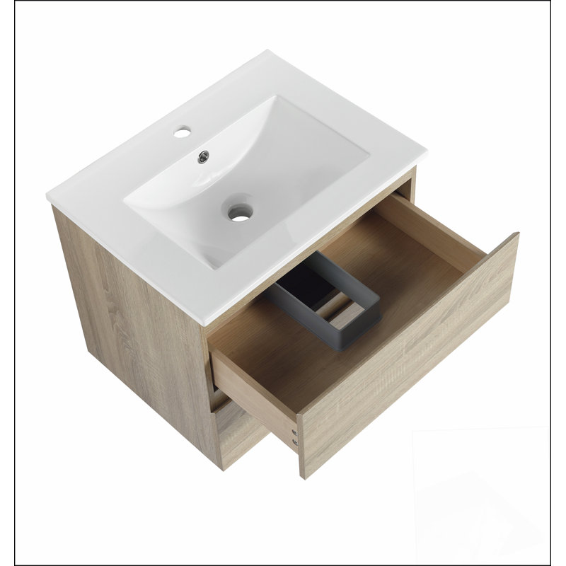 Meuble-lavabo mural 24 po avec lavabo en céramique, 2 tiroirs à fermeture en douceur 24 po, Blanc, Chêne clair