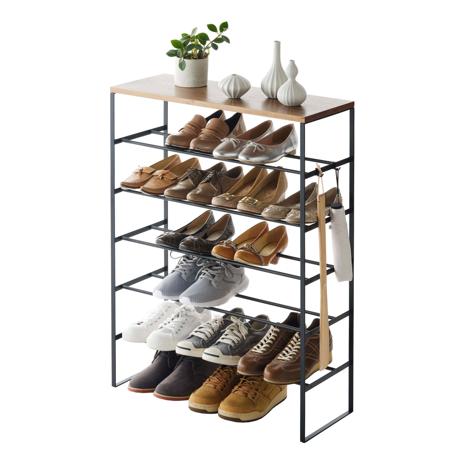 Yamazaki Home Tower 6 Tier Wood Top Shoe Rack, 34" - Steel - Holds 18 To 21 Shoes, Black