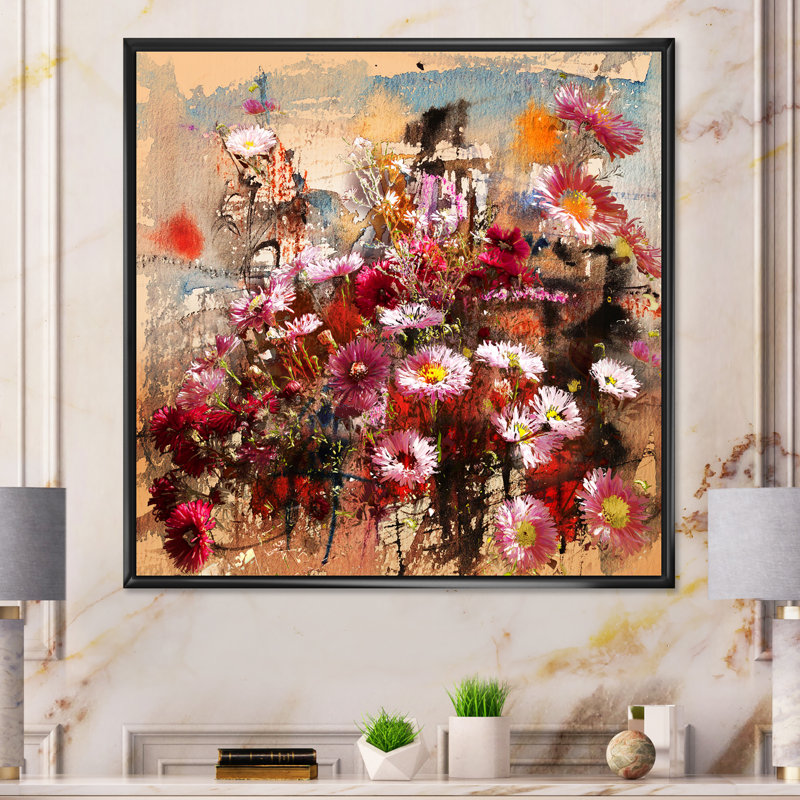 Automne fleurs mélangées - œuvre d'art traditionnelle sur toile, H 16 po x l 16 po x P 1 po, Toile avec cadre flottant noir