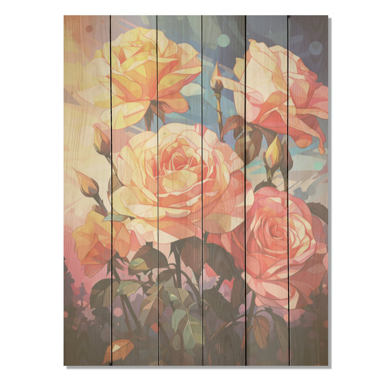 «Rose Blossoms With Graceful Curves I - Roses», art sur bois de pin naturel, H 20 po x l 10 po