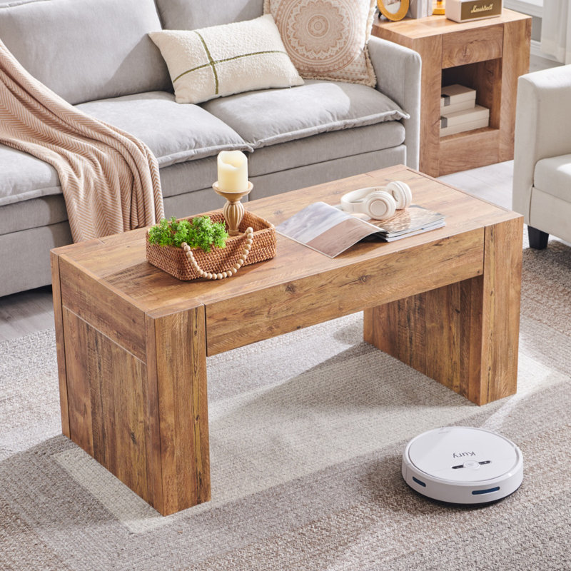 48" Modern Farmhouse Coffee Table With Hidden Storage Drawer,wood Thick Design For Living Room, Golden Rustic Barnwood