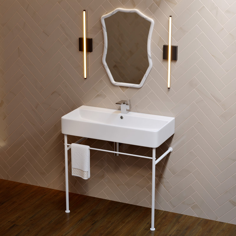 Lavabo console en céramique Claire, H 35 po x l 16 po x L 16 po, Lavabo blanc / pieds blancs