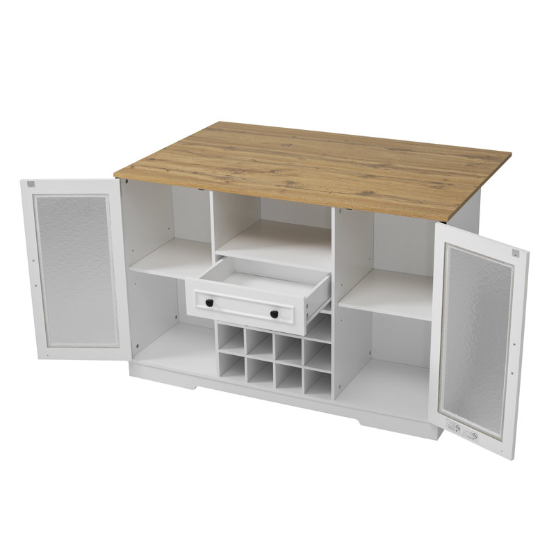 Buffet en bois avec plateau rabattable, porte-bouteilles, portes, tiroir, éclairage DEL et tablettes réglables, Natural White