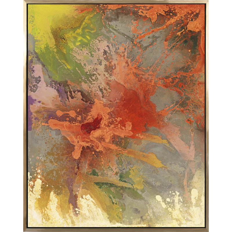 Coral Burst II - cadre flottant, peinture sur toile, Encadrement doré
