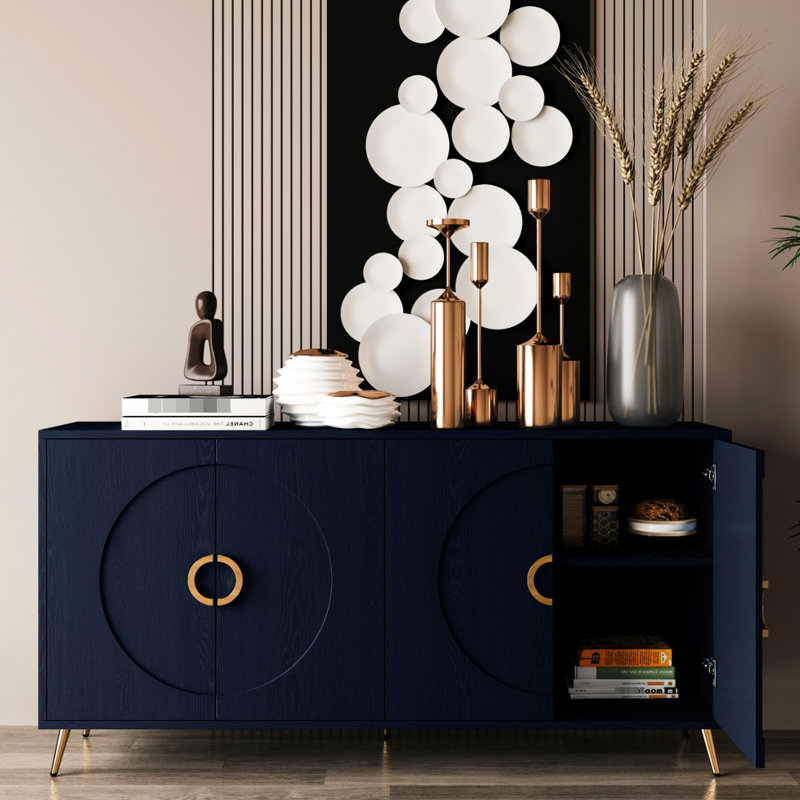 Buffet moderne moderne laqué 4 portes en bois bleu marine pour vestibule, salon, couloir, bureau, cuisine et salle à manger avec tablettes réglables