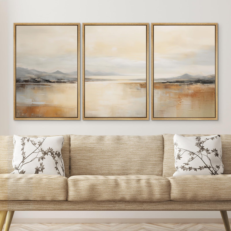 Mountains And Rivers " Golden Hour Lake View Reflective Mountain Landscape Illustration Modern Ultra " 3 - Pieces, Naturel