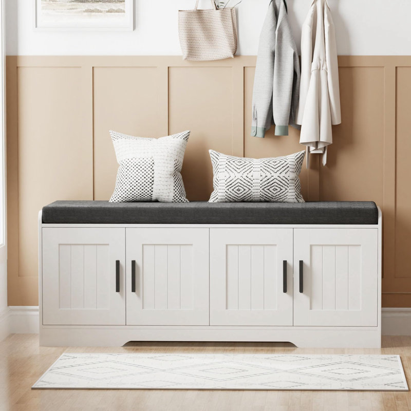 Banc de rangement à chaussures 4 portes 45 po avec coussin épais rembourré et organisateur à 2 niveaux – Siège d'entrée ou de corridor, noir/gris/blanc