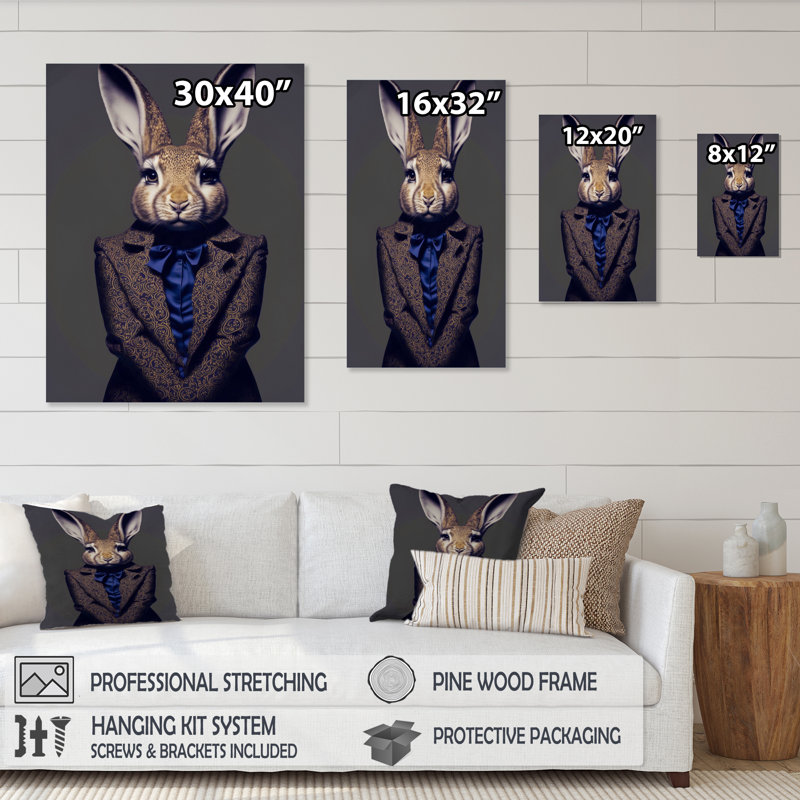 Fancy Rabbit In A Gray and Blue - Reproduction sur toile encadrée de lapin, H 32 po x l 16 po x P 1 po, Toile tendue