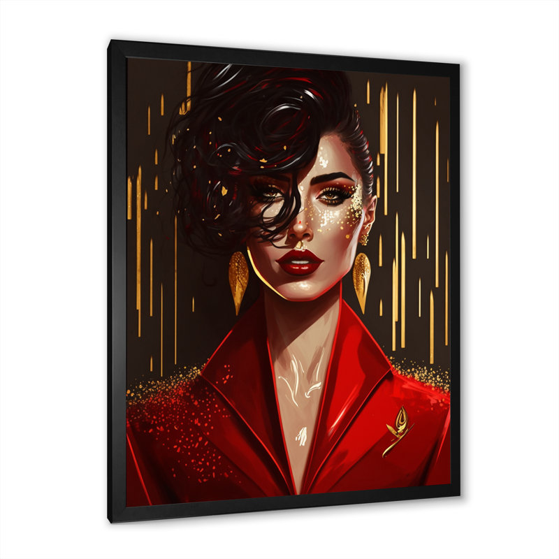 Ravissante femme en rouge III - impression, Cadre d'angle fermé noir, H 20 po x l 12 po x P 1 po
