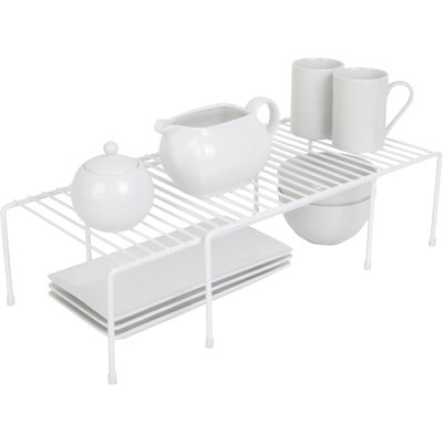 Expandable Storage Rack - Scratch Resistant Feet - Metal Wire - Kitchen Counter, Bathroom Medicine Organizer, Dish, Plate Display Shelf, Spice Pantry, Cupboard Riser - 16 X 32.5 -