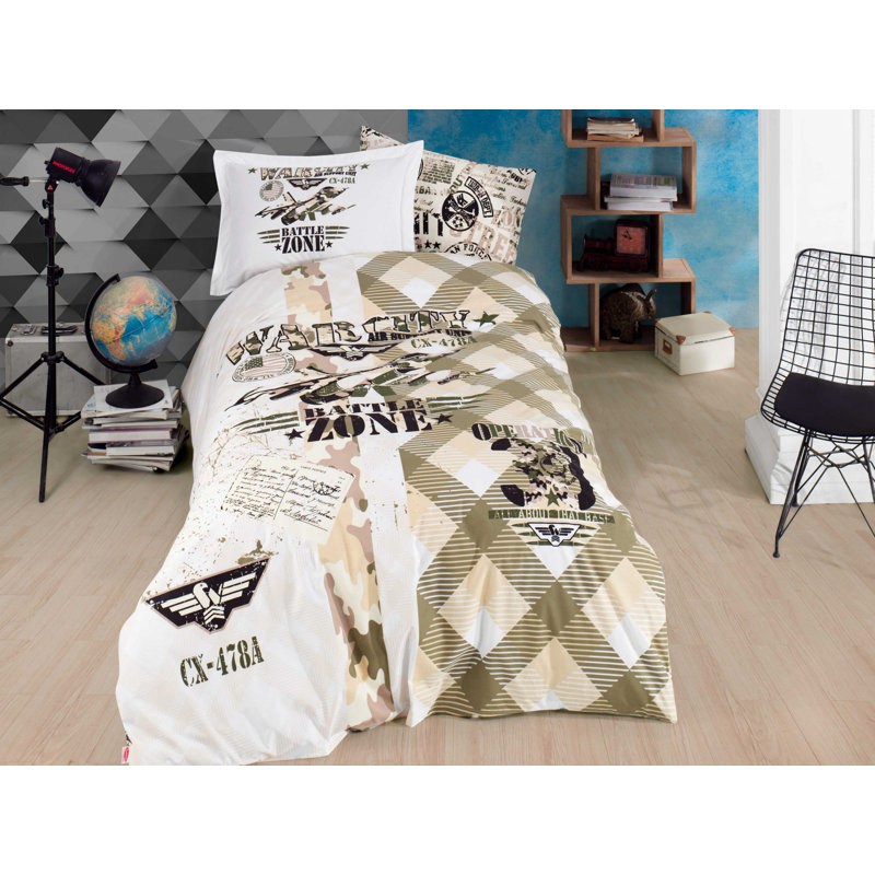 Ensemble de housse de couette 100% coton vert / jaune / blanc Fraizer